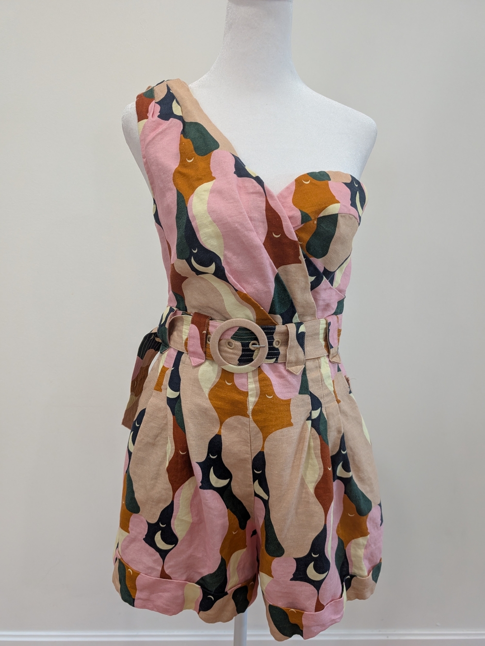 FARM Rio One-Shoulder Pink Multi-Color Belted Romper